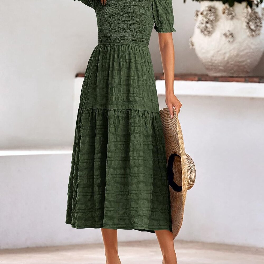 Womens Summer Dresses 2025 Casual Puff Short Sleeve Crewneck Smocked Flowy Ruffl - Picture 6 of 7